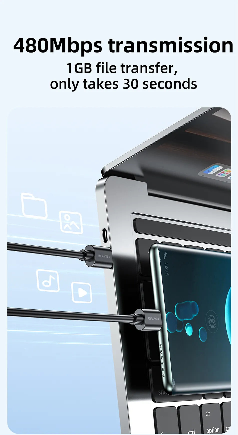 Cable de carga rápida AWEI de tipo C a tipo C de 1 m